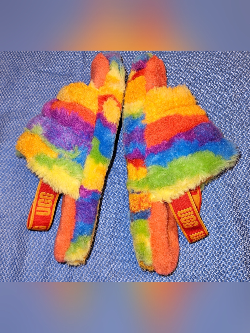 UGG Cali Collage Slippers Rainbow Color w/Faux Shearling Elastic Strap sz7/8 EUC